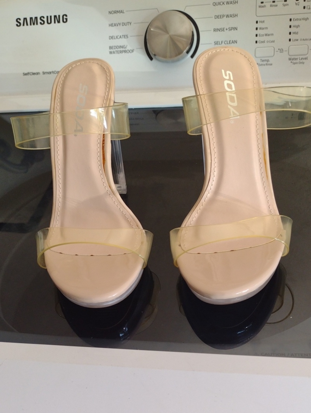 SODA Women's Nude Slide Sandals with Clear Yellow-Tinted Straps